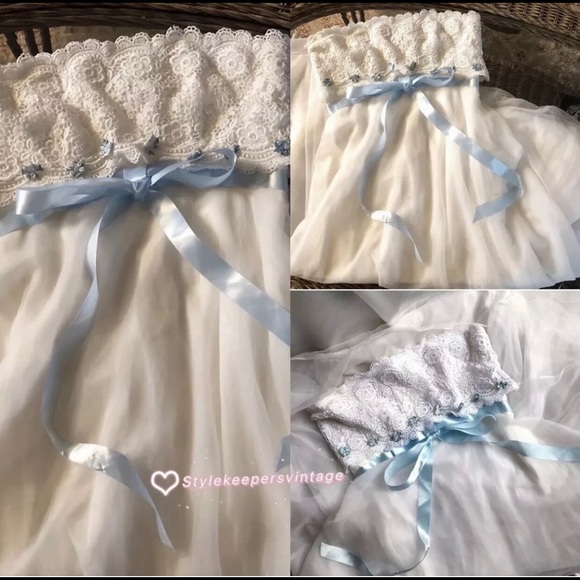 💖Gunne Sax💖Style Romantic Bridal Ivory Blue Ribbon Eyelet Lace Dress Sz S 💐 - Picture 5 of 10